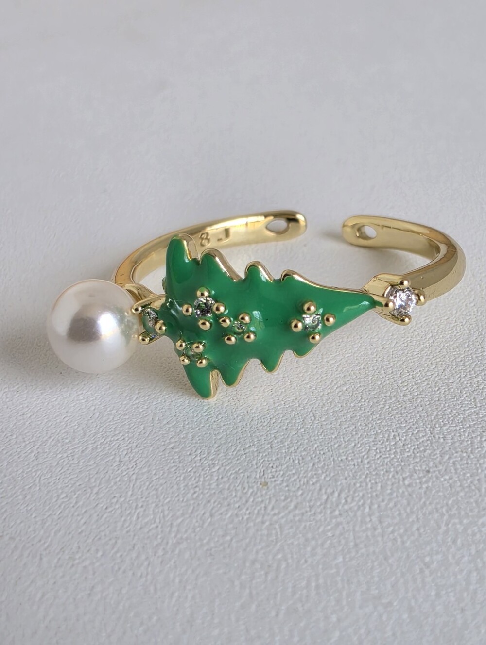 Gold Plated Christmas Tree Adjustable Ring Pearl Green Enamel Holiday